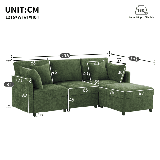 Sofá modular em L - conversível de 3 lugares, com pufe e 4 almofadas de chenille - verde Sofá modular em L - conversível de 3 lugares, com pufe e 4 almofadas de chenille - verde