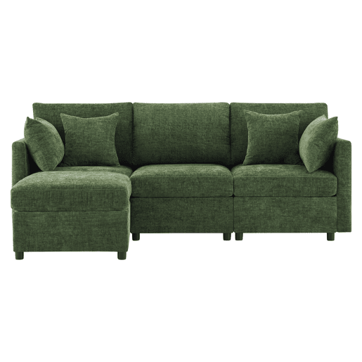 Sofá modular em L - conversível de 3 lugares, com pufe e 4 almofadas de chenille - verde Sofá modular em L - conversível de 3 lugares, com pufe e 4 almofadas de chenille - verde