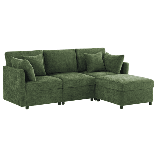 Sofá modular em L - conversível de 3 lugares, com pufe e 4 almofadas de chenille - verde Sofá modular em L - conversível de 3 lugares, com pufe e 4 almofadas de chenille - verde