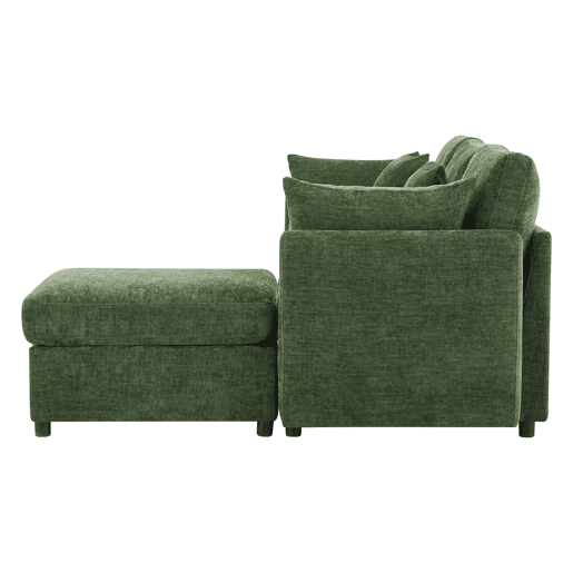 Sofá modular em L - conversível de 3 lugares, com pufe e 4 almofadas de chenille - verde Sofá modular em L - conversível de 3 lugares, com pufe e 4 almofadas de chenille - verde