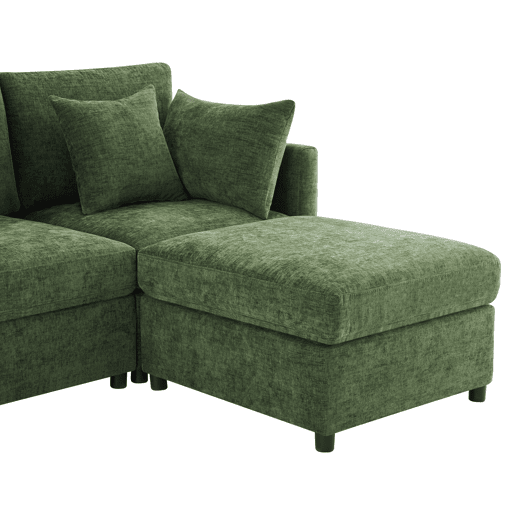 Sofá modular em L - conversível de 3 lugares, com pufe e 4 almofadas de chenille - verde Sofá modular em L - conversível de 3 lugares, com pufe e 4 almofadas de chenille - verde
