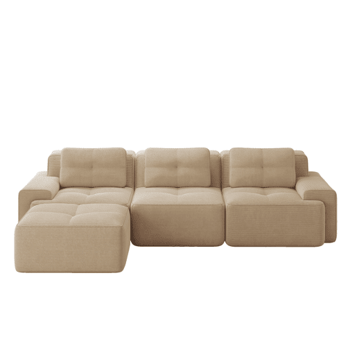 Sofá modular L 3 lugares - Boneless, com otomano, veludo cotelê, fácil montagem - Bege Sofá modular L 3 lugares - Boneless, com otomano, veludo cotelê, fácil montagem - Bege