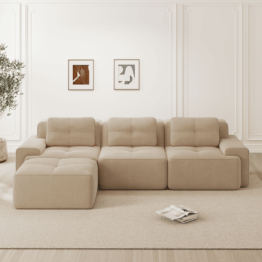 Sofá modular L 3 lugares - Boneless, com otomano, veludo cotelê, fácil montagem - Bege Sofá modular L 3 lugares - Boneless, com otomano, veludo cotelê, fácil montagem - Bege