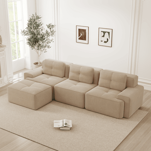 Sofá modular L 3 lugares - Boneless, com otomano, veludo cotelê, fácil montagem - Bege Sofá modular L 3 lugares - Boneless, com otomano, veludo cotelê, fácil montagem - Bege