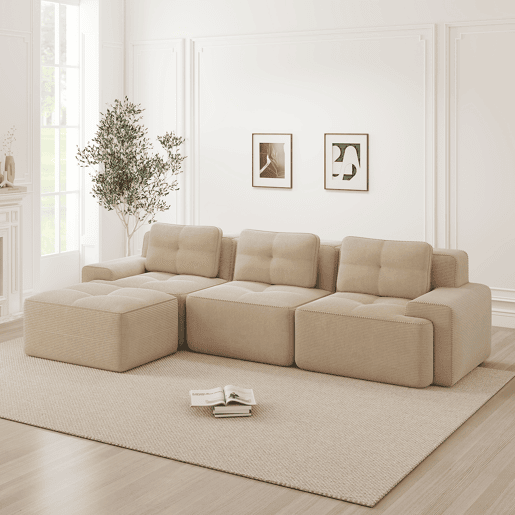 Sofá modular L 3 lugares - Boneless, com otomano, veludo cotelê, fácil montagem - Bege Sofá modular L 3 lugares - Boneless, com otomano, veludo cotelê, fácil montagem - Bege