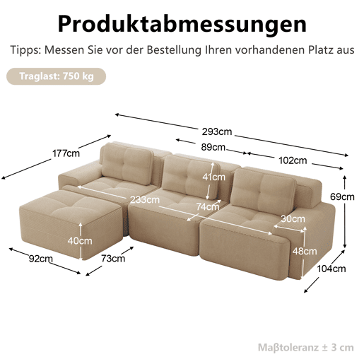 Sofá modular L 3 lugares - Boneless, com otomano, veludo cotelê, fácil montagem - Bege Sofá modular L 3 lugares - Boneless, com otomano, veludo cotelê, fácil montagem - Bege