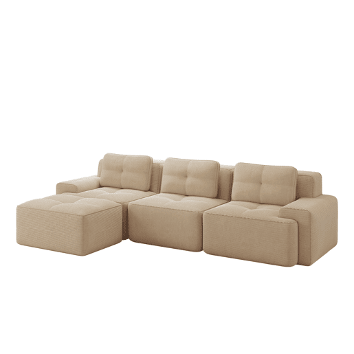 Sofá modular L 3 lugares - Boneless, com otomano, veludo cotelê, fácil montagem - Bege Sofá modular L 3 lugares - Boneless, com otomano, veludo cotelê, fácil montagem - Bege