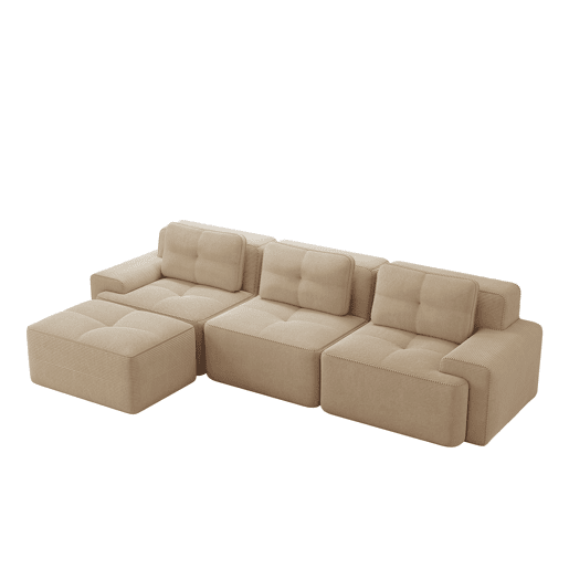 Sofá modular L 3 lugares - Boneless, com otomano, veludo cotelê, fácil montagem - Bege Sofá modular L 3 lugares - Boneless, com otomano, veludo cotelê, fácil montagem - Bege