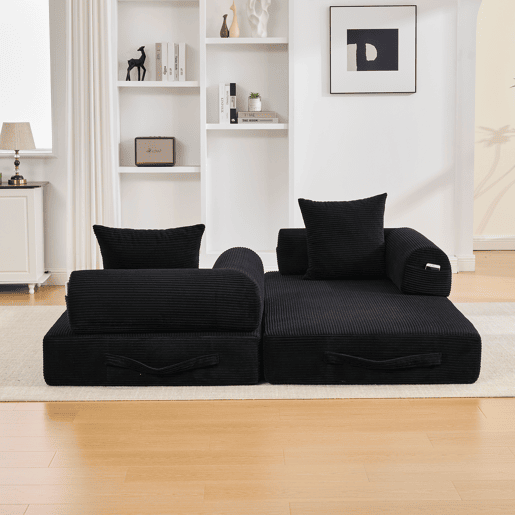 Sofá dobrável de 3 lugares - Estrutura metálica, 3 almofadas, com bolsos laterais - Preto Sofá dobrável de 3 lugares - Estrutura metálica, 3 almofadas, com bolsos laterais - Preto