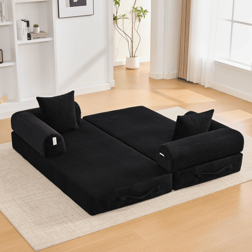 Sofá dobrável de 3 lugares - Estrutura metálica, 3 almofadas, com bolsos laterais - Preto Sofá dobrável de 3 lugares - Estrutura metálica, 3 almofadas, com bolsos laterais - Preto