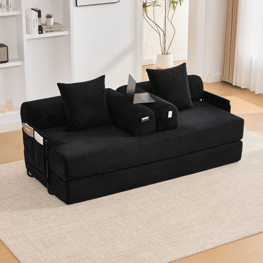 Sofá dobrável de 3 lugares - Estrutura metálica, 3 almofadas, com bolsos laterais - Preto Sofá dobrável de 3 lugares - Estrutura metálica, 3 almofadas, com bolsos laterais - Preto
