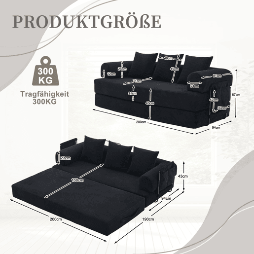 Sofá dobrável de 3 lugares - Estrutura metálica, 3 almofadas, com bolsos laterais - Preto Sofá dobrável de 3 lugares - Estrutura metálica, 3 almofadas, com bolsos laterais - Preto