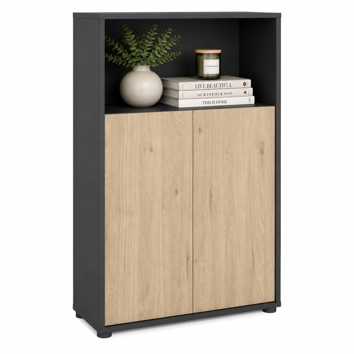 Librería pisuerga jackson hickory y matt grey 80x35x124 cm / librería baja con 2 puertas de diseño moderno para salón u oficina