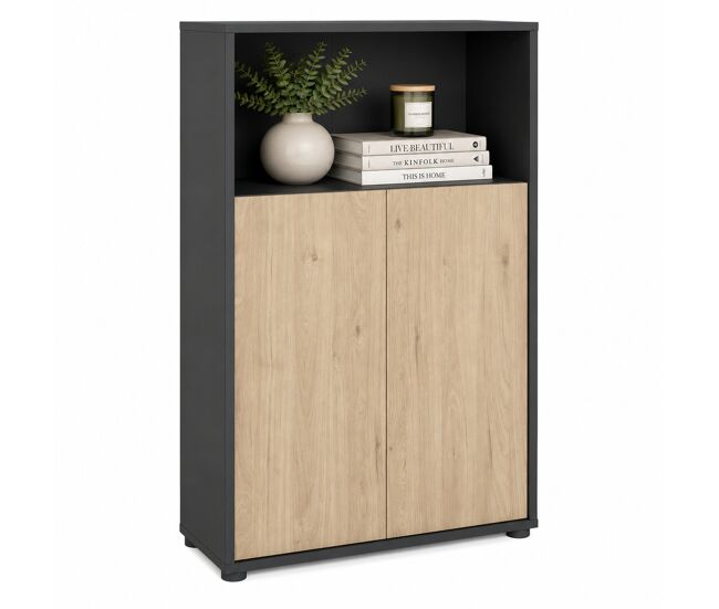 Librería pisuerga jackson hickory y matt grey 80x35x124 cm / librería baja con 2 puertas de diseño moderno para salón u oficina