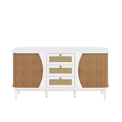 Aparador de rattan u2013 portas de correr, prateleiras ajustáveis e tampo curvo u2013 Branco