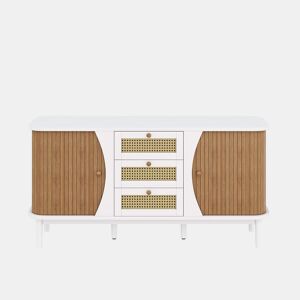 Aparador de rattan u2013 portas de correr, prateleiras ajustáveis e tampo curvo u2013 Branco