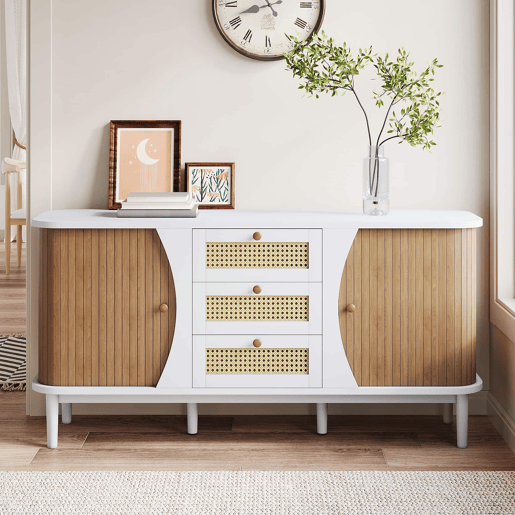 Aparador de rattan u2013 portas de correr, prateleiras ajustáveis e tampo curvo u2013 Branco
