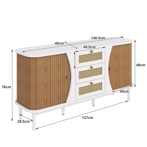Aparador de rattan u2013 portas de correr, prateleiras ajustáveis e tampo curvo u2013 Branco