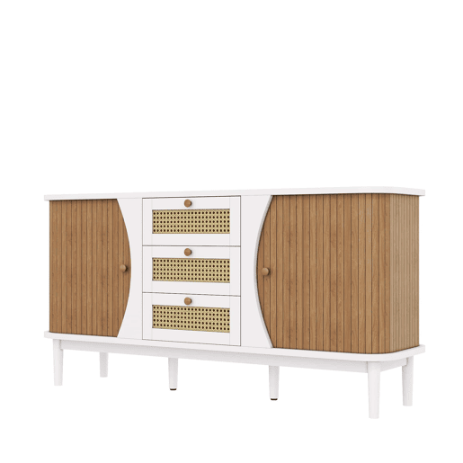 Aparador de rattan u2013 portas de correr, prateleiras ajustáveis e tampo curvo u2013 Branco