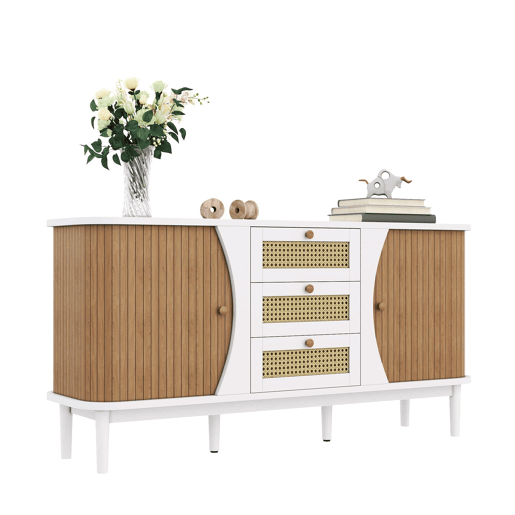 Aparador de rattan u2013 portas de correr, prateleiras ajustáveis e tampo curvo u2013 Branco