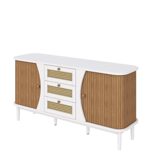Aparador de rattan u2013 portas de correr, prateleiras ajustáveis e tampo curvo u2013 Branco