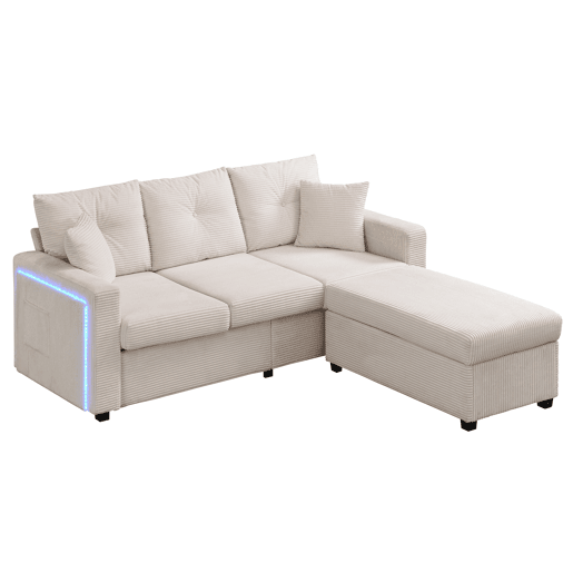 Sofá modular de 3 lugares - com LED e assento tipo nuvem, chaise longue removível - Bege Sofá modular de 3 lugares - com LED e assento tipo nuvem, chaise longue removível - Bege