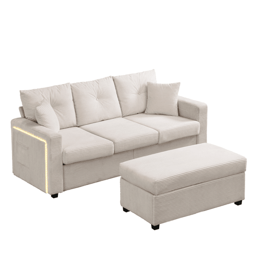 Sofá modular de 3 lugares - com LED e assento tipo nuvem, chaise longue removível - Bege Sofá modular de 3 lugares - com LED e assento tipo nuvem, chaise longue removível - Bege