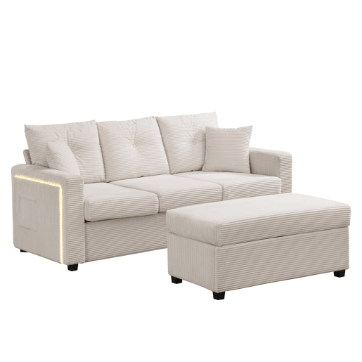 Sofá modular de 3 lugares - com LED e assento tipo nuvem, chaise longue removível - Bege Sofá modular de 3 lugares - com LED e assento tipo nuvem, chaise longue removível - Bege