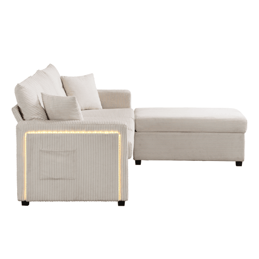 Sofá modular de 3 lugares - com LED e assento tipo nuvem, chaise longue removível - Bege Sofá modular de 3 lugares - com LED e assento tipo nuvem, chaise longue removível - Bege