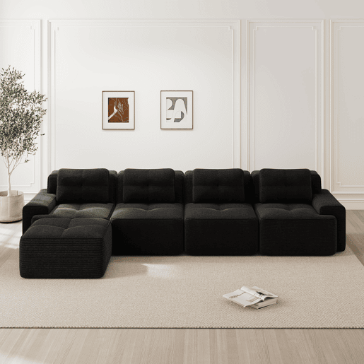 Sofá modular de 4 lugares em L - chaise longue profunda sem montagem - preto Sofá modular de 4 lugares em L - chaise longue profunda sem montagem - preto