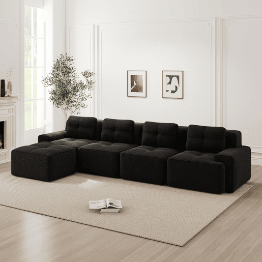 Sofá modular de 4 lugares em L - chaise longue profunda sem montagem - preto Sofá modular de 4 lugares em L - chaise longue profunda sem montagem - preto