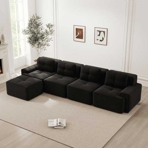 Sofá modular de 4 lugares em L - chaise longue profunda sem montagem - preto Sofá modular de 4 lugares em L - chaise longue profunda sem montagem - preto