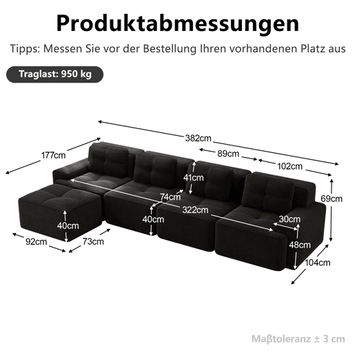 Sofá modular de 4 lugares em L - chaise longue profunda sem montagem - preto Sofá modular de 4 lugares em L - chaise longue profunda sem montagem - preto