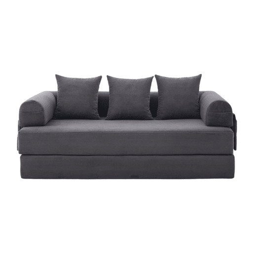 Sofá dobrável de 3 lugares - Estrutura metálica, 3 almofadas, com bolsos - Cinza escuro Sofá dobrável de 3 lugares - Estrutura metálica, 3 almofadas, com bolsos - Cinza escuro