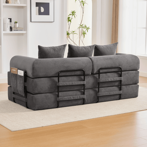 Sofá dobrável de 3 lugares - Estrutura metálica, 3 almofadas, com bolsos - Cinza escuro Sofá dobrável de 3 lugares - Estrutura metálica, 3 almofadas, com bolsos - Cinza escuro