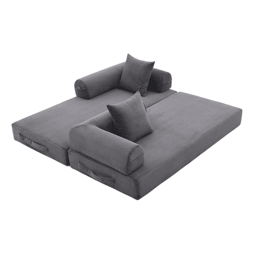 Sofá dobrável de 3 lugares - Estrutura metálica, 3 almofadas, com bolsos - Cinza escuro Sofá dobrável de 3 lugares - Estrutura metálica, 3 almofadas, com bolsos - Cinza escuro
