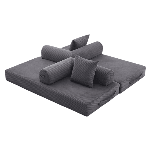 Sofá dobrável de 3 lugares - Estrutura metálica, 3 almofadas, com bolsos - Cinza escuro Sofá dobrável de 3 lugares - Estrutura metálica, 3 almofadas, com bolsos - Cinza escuro