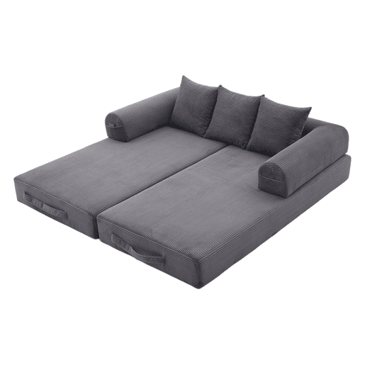 Sofá dobrável de 3 lugares - Estrutura metálica, 3 almofadas, com bolsos - Cinza escuro Sofá dobrável de 3 lugares - Estrutura metálica, 3 almofadas, com bolsos - Cinza escuro