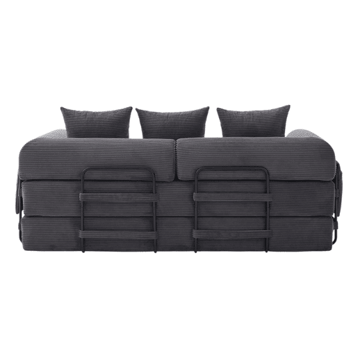 Sofá dobrável de 3 lugares - Estrutura metálica, 3 almofadas, com bolsos - Cinza escuro Sofá dobrável de 3 lugares - Estrutura metálica, 3 almofadas, com bolsos - Cinza escuro