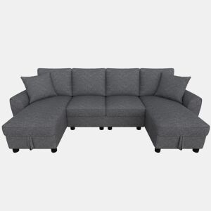 Sofá modular em U de 280 cm - 2 lugares com 2 chaise longues, arrumação rebatível, 2 almofadas, sofá de canto multifuncional em chenille - Cinza