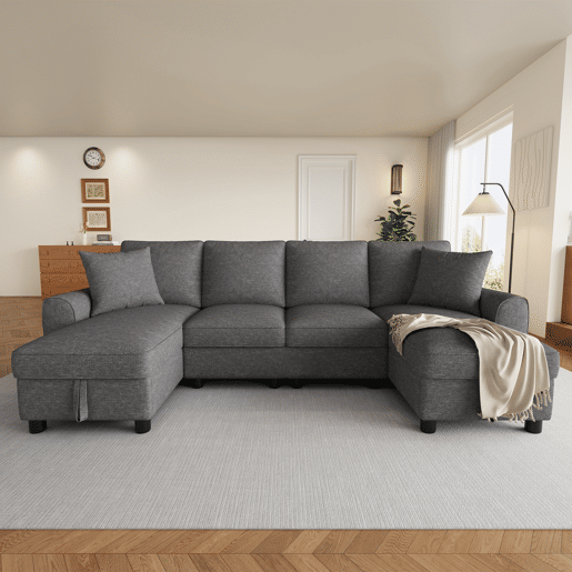 Sofá modular em U de 280 cm - 2 lugares com 2 chaise longues, arrumação rebatível, 2 almofadas, sofá de canto multifuncional em chenille - Cinza Sofá modular em U de 280 cm - 2 lugares com 2 chaise longues, arrumação rebatível, 2 almofadas, sofá de canto multifuncional em chenille - Cinza