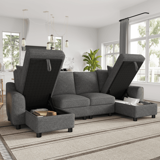 Sofá modular em U de 280 cm - 2 lugares com 2 chaise longues, arrumação rebatível, 2 almofadas, sofá de canto multifuncional em chenille - Cinza Sofá modular em U de 280 cm - 2 lugares com 2 chaise longues, arrumação rebatível, 2 almofadas, sofá de canto multifuncional em chenille - Cinza