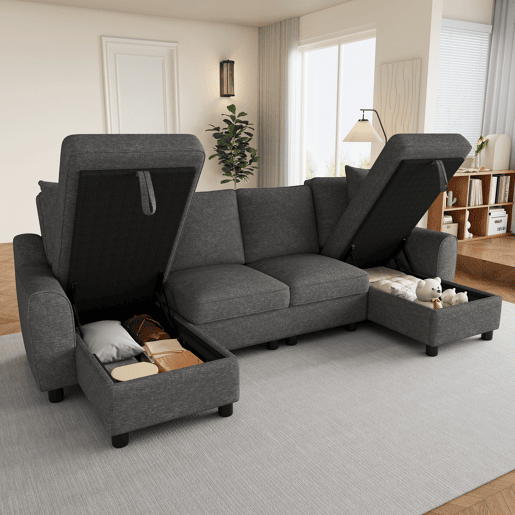 Sofá modular em U de 280 cm - 2 lugares com 2 chaise longues, arrumação rebatível, 2 almofadas, sofá de canto multifuncional em chenille - Cinza Sofá modular em U de 280 cm - 2 lugares com 2 chaise longues, arrumação rebatível, 2 almofadas, sofá de canto multifuncional em chenille - Cinza