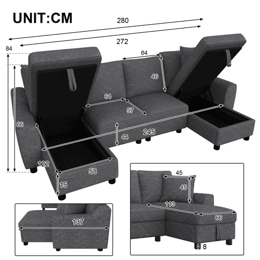 Sofá modular em U de 280 cm - 2 lugares com 2 chaise longues, arrumação rebatível, 2 almofadas, sofá de canto multifuncional em chenille - Cinza Sofá modular em U de 280 cm - 2 lugares com 2 chaise longues, arrumação rebatível, 2 almofadas, sofá de canto multifuncional em chenille - Cinza