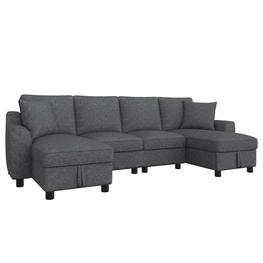 Sofá modular em U de 280 cm - 2 lugares com 2 chaise longues, arrumação rebatível, 2 almofadas, sofá de canto multifuncional em chenille - Cinza Sofá modular em U de 280 cm - 2 lugares com 2 chaise longues, arrumação rebatível, 2 almofadas, sofá de canto multifuncional em chenille - Cinza