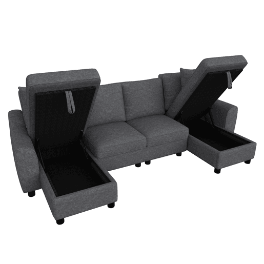 Sofá modular em U de 280 cm - 2 lugares com 2 chaise longues, arrumação rebatível, 2 almofadas, sofá de canto multifuncional em chenille - Cinza Sofá modular em U de 280 cm - 2 lugares com 2 chaise longues, arrumação rebatível, 2 almofadas, sofá de canto multifuncional em chenille - Cinza