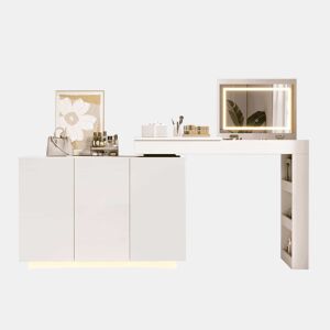 Penteadeira de canto giratória com LED 100×40×80 cm - design multifuncional com espelho, mesa de maquilhagem e secretária de alto brilho - branco