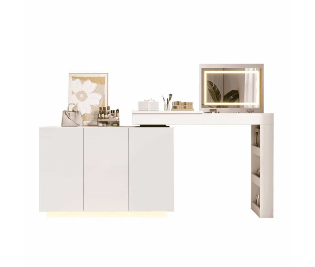 Tocador esquinero giratorio con led 100×40×80 cm - diseño multifuncional con espejo, mesa de maquillaje y escritorio de alto brillo - blanco