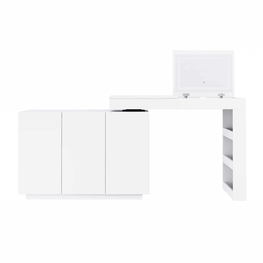 Penteadeira de canto giratória com LED 100×40×80 cm - design multifuncional com espelho, mesa de maquilhagem e secretária de alto brilho - branco Penteadeira de canto giratória com LED 100×40×80 cm - design multifuncional com espelho, mesa de maquilhagem e secretária de alto brilho - branco