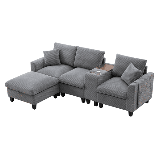 Sofá moderno em forma de L para 4 pessoas - Conversível, com consola, 2 porta-copos, portas USB, cinza